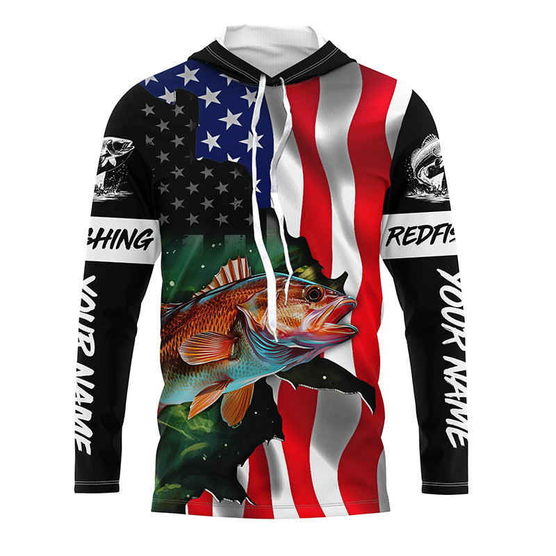 Custom Redfish Puppy Drum American Flag Long Sleeve Fishing Shirts
