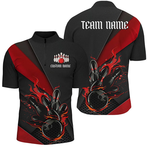 Black And Red Custom Name Bowling Tournament Jerseys For Men And Women, Bowling Team Shirts IPHW6185