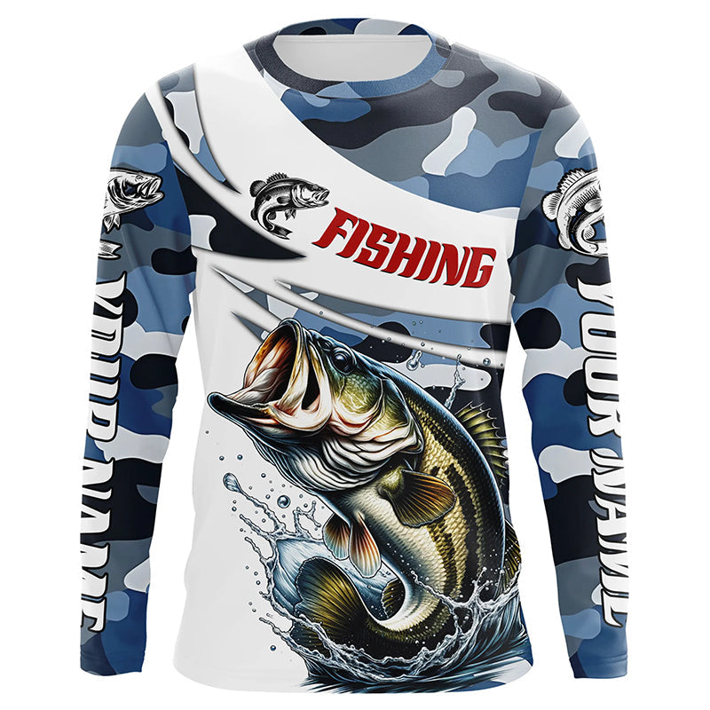 Personalized Bass Fishing Long Sleeve Shirts for Men, Funny Bass Fishing Jerseys, Fishing Camo Tournament Shirts