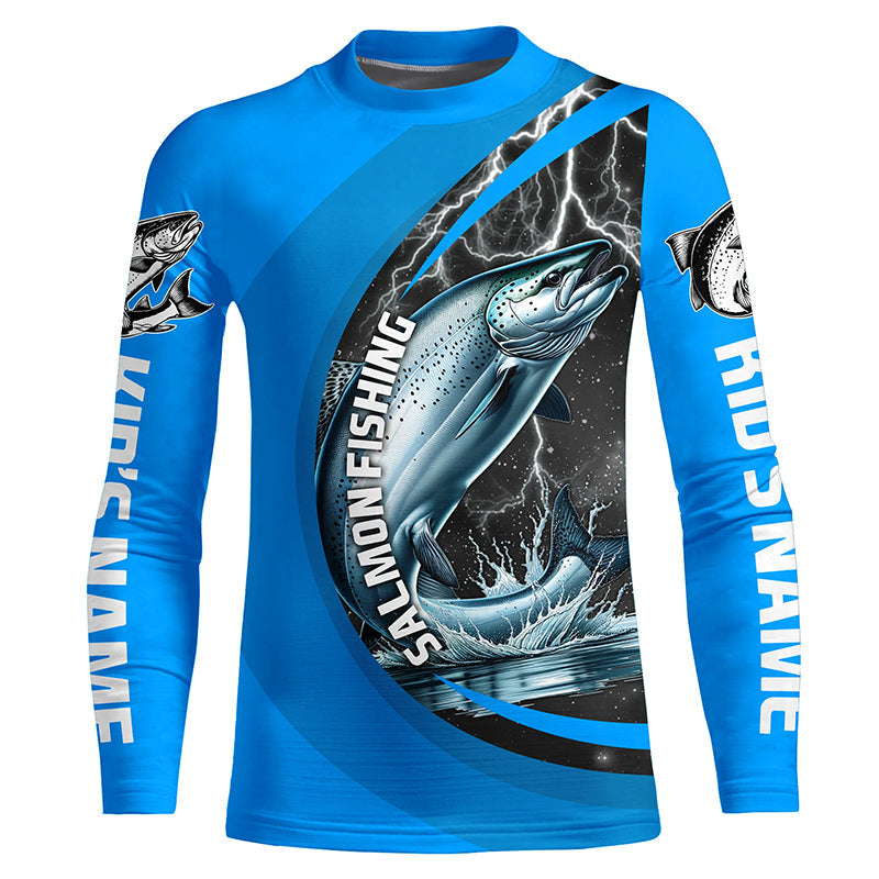 Custom Chinook Salmon Fishing Jerseys, King Salmon Fishing Long Sleeve Performance Shirt |Water Blue IPHW6423
