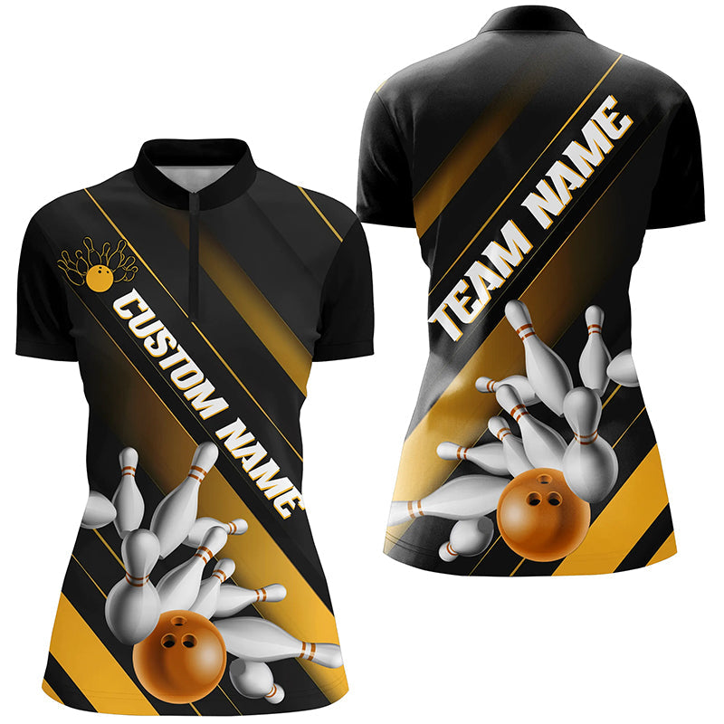 Black And Gold Custom Bowling Team Shirts For Women, Bowling Ball And Pins Shirt IPHW6445