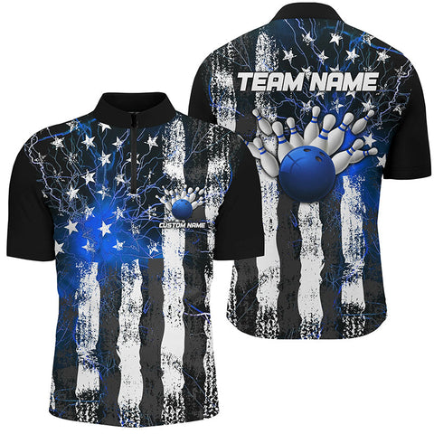 Blue Lightning American Flag Custom Unisex Bowling Team Jerseys, Patriotic Bowling Team Shirts IPHW6177