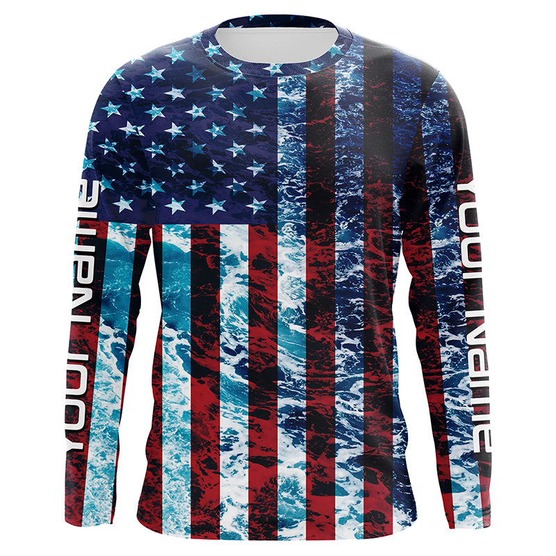 Custom Saltwater Long Sleeve Uv Fishing Shirts, American Flag Sea