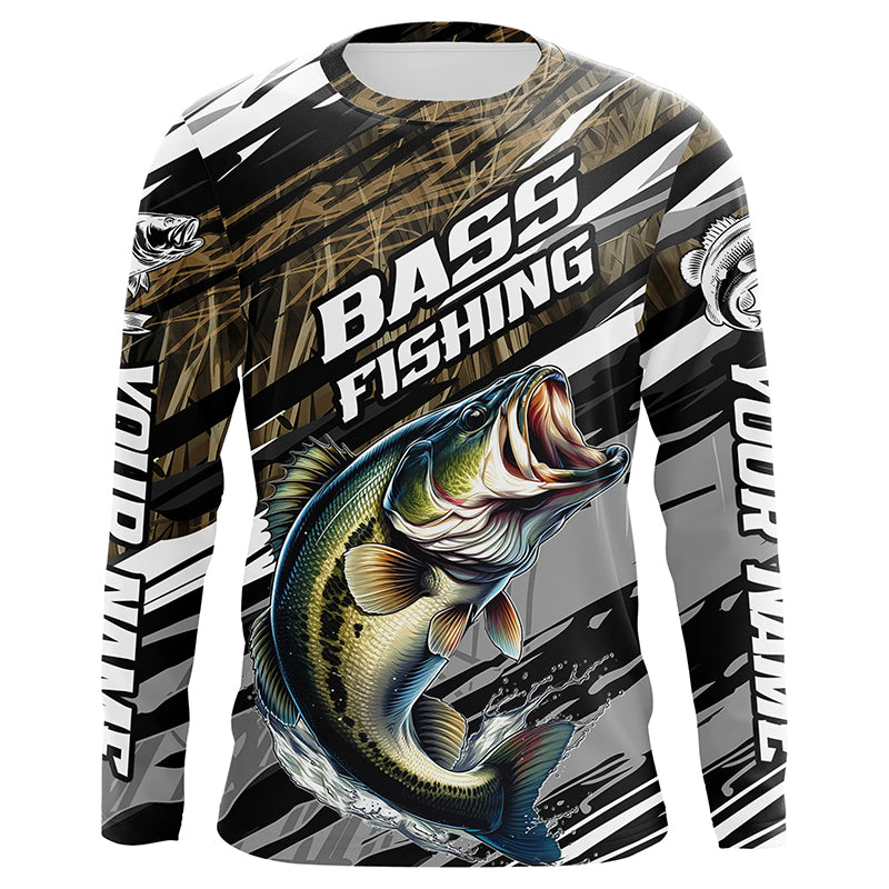 Bass Fishing Camo Long Sleeve Fishing Shirts, Custom Largemouth