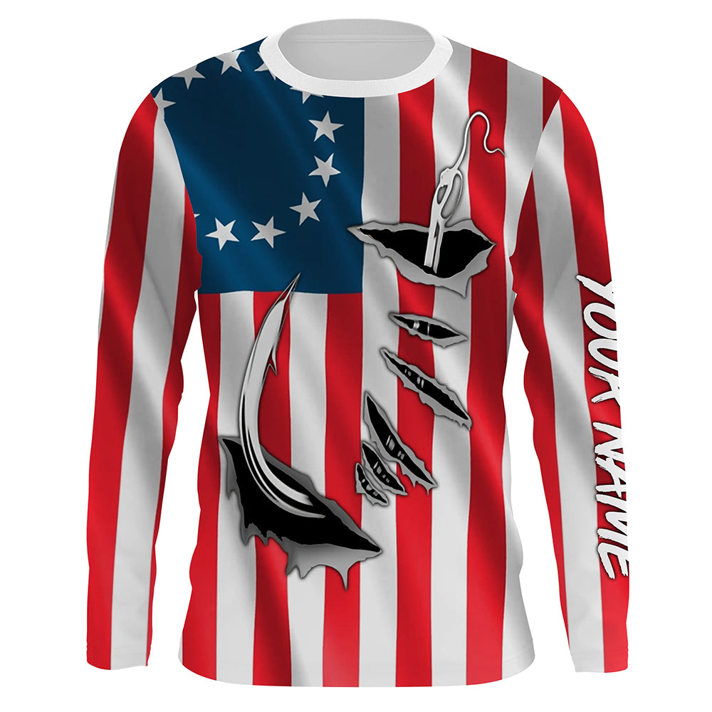 3D Fish Hook Old American Flag Custom Fishing Shirts, Patriotic Long S –  Myfihu