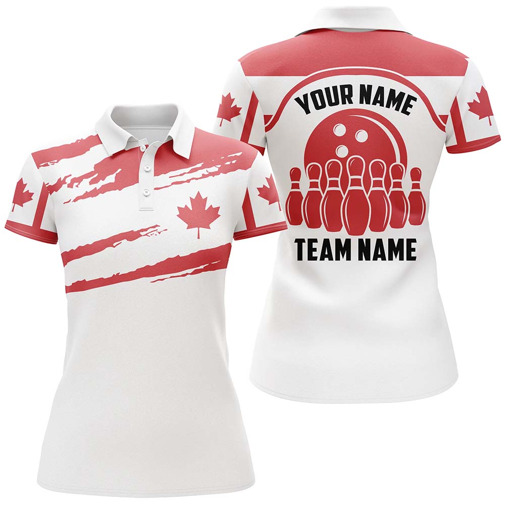 Custom Canada Bowling Polo Shirts For Women, Canadian Flag Bowling Team Jerseys IPHW5259