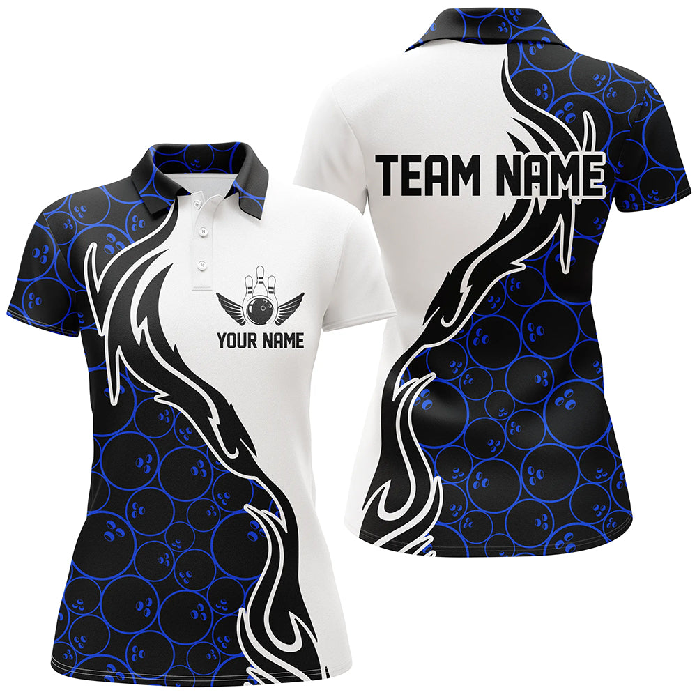 Blue Bowling Pattern Custom Women Bowling Polo Shirts Flame Bowling Team Jerseys Tournament IPHW5307