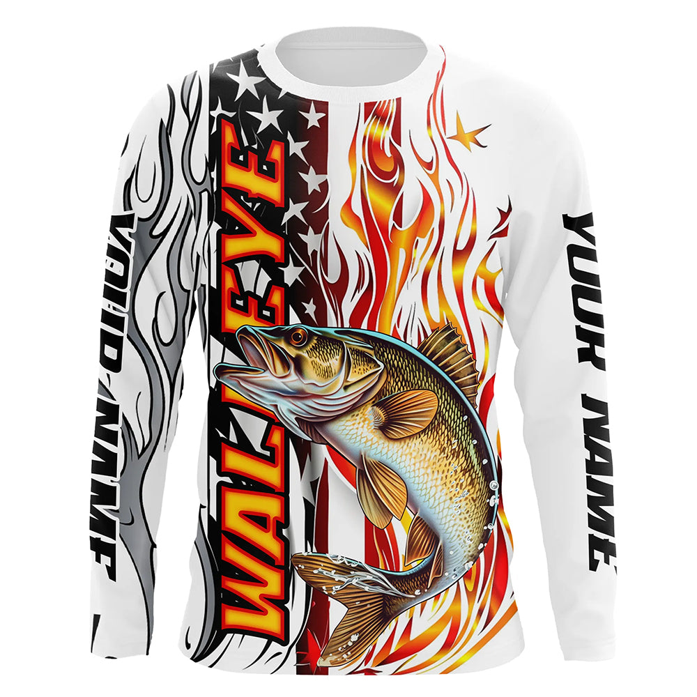 Flame American Flag Custom Walleye Long Sleeve Fishing Shirts