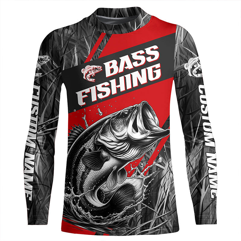 Black And Red Camo Bass Long Sleeve Tournament Fishing Shirts