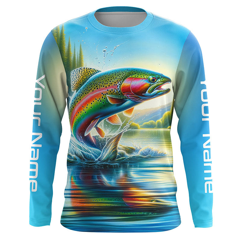Fly Fishing Rainbow Trout Custom Long Sleeve Fishing Shirts, Trout
