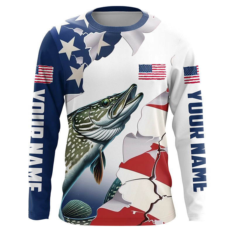 Personalized American Flag Northern Pike Fishing Long Sleeve