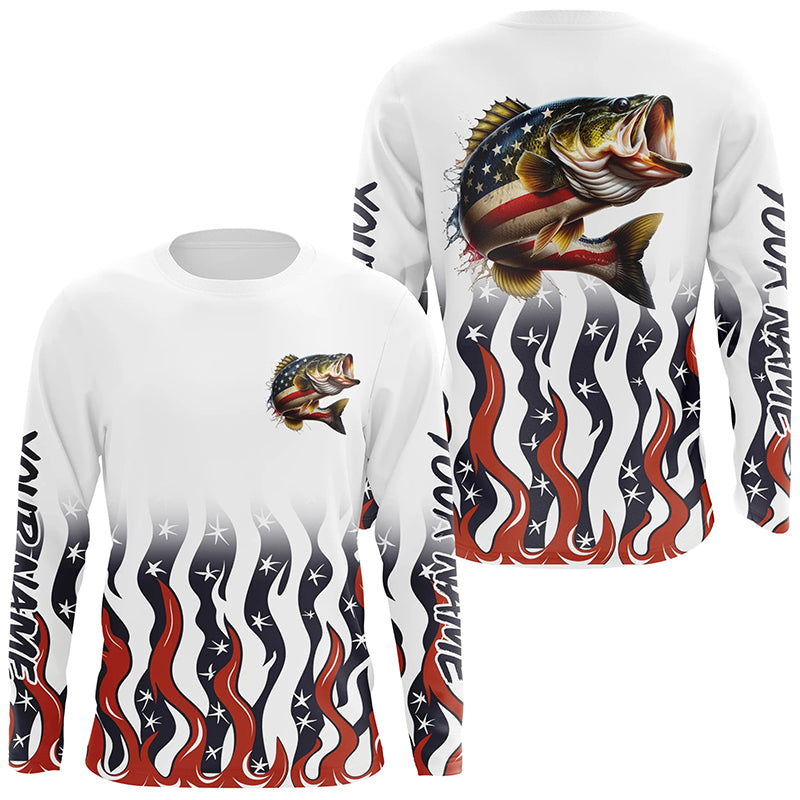 Personalized American Flag Bass Long Sleeve Fishing Shirts