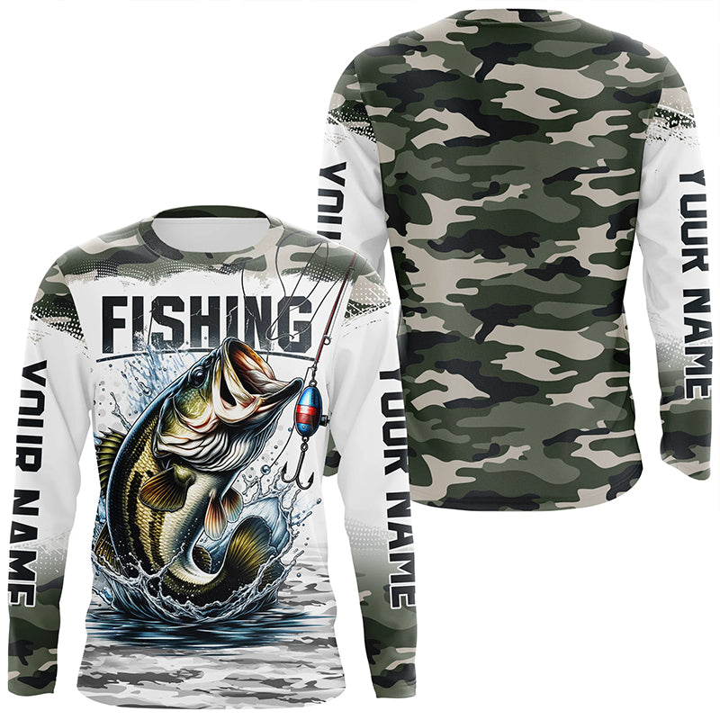 Bass Fishing Camo Custom Long Sleeve Fishing Shirts, Personalized