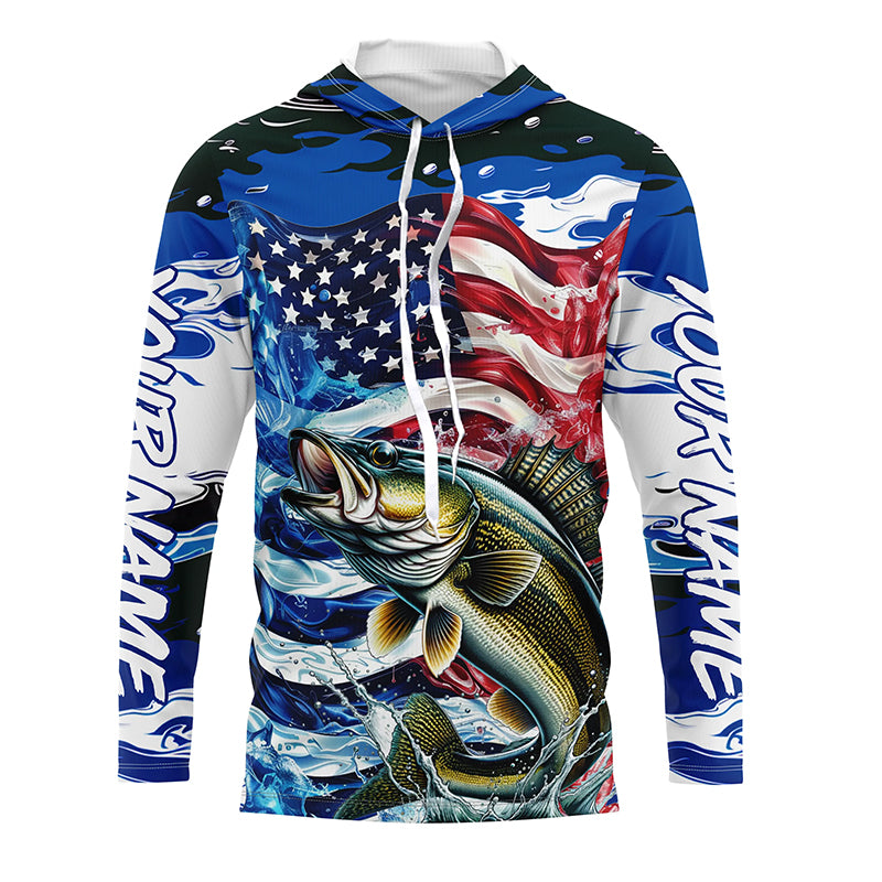 Custom American Flag Walleye Long Sleeve Fishing Shirts, Patriotic