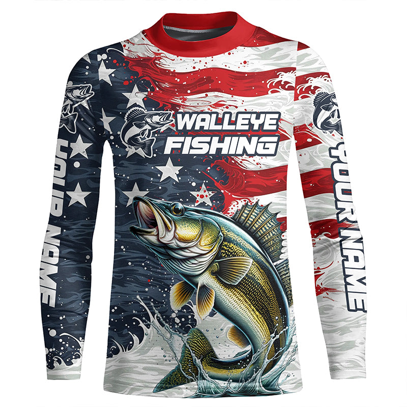 Walleye Fishing American Flag Custom Long Sleeve performance Fishing shirts,  personalized Patriotic Fishing jerseys - IPHW2205 {2024 Collection}