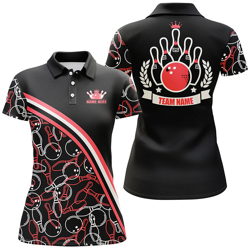 Personalized bowling polo shirts for women Custom black red bowling pattern, bowling team shirts NQS6533