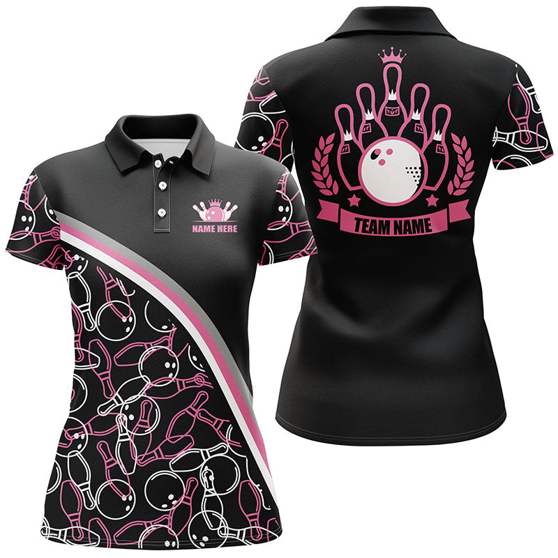Personalized bowling polo shirts for women Custom pink bowling pattern, bowling team shirts NQS5441