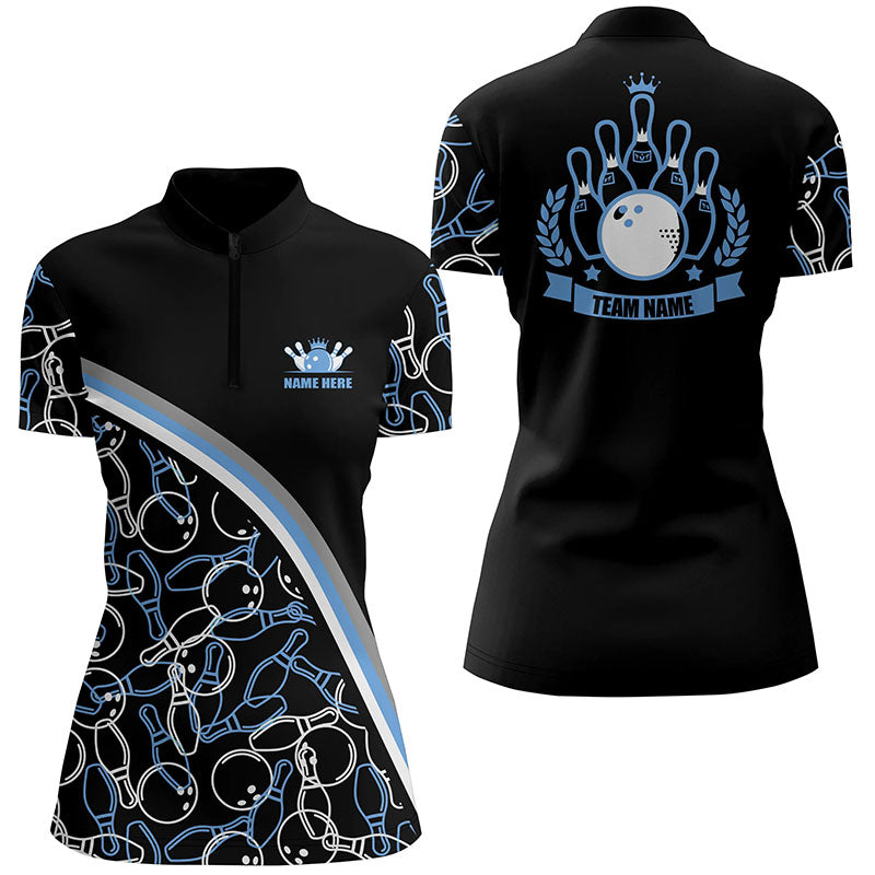 Personalized bowling Quarter Zip shirts for women Custom name black blue bowling pattern team shirts NQS5442