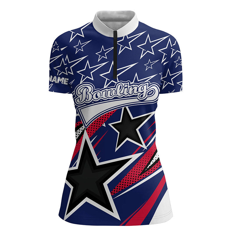 Blue stars Womens Quarter Zip shirt Custom name team bowling jerseys NQS5721