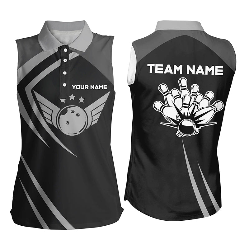 Black retro vintage Bowling sleeveless polo shirts for women custom Bowling team league jerseys NQS6593