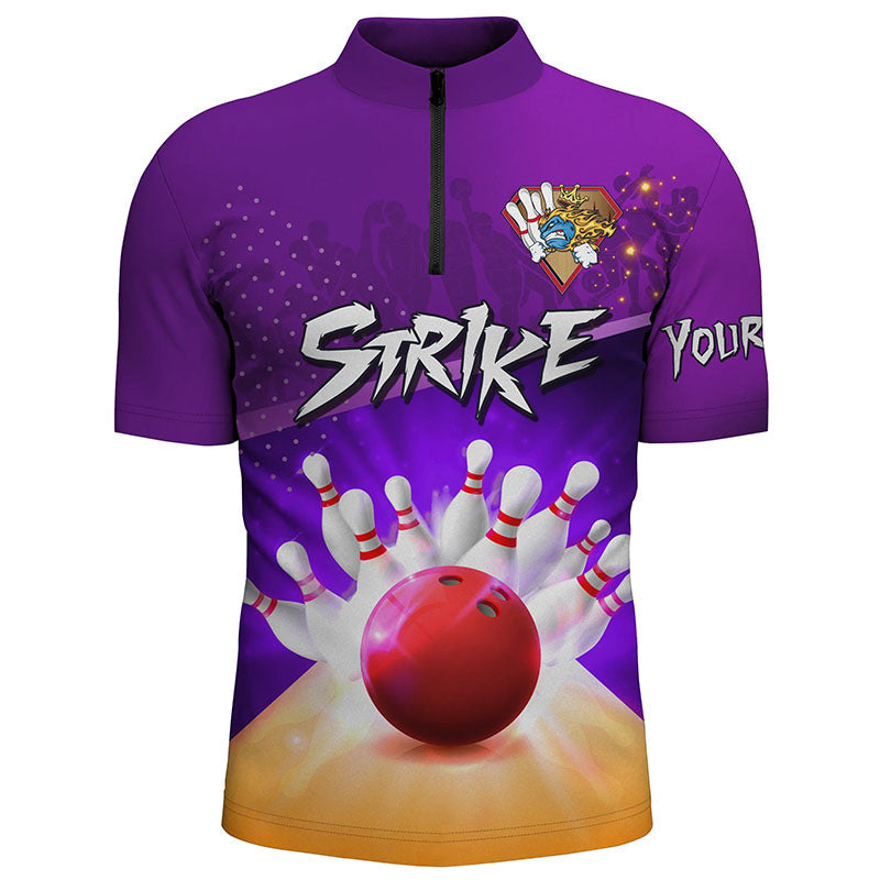 Men's Bowling Quarter-Zip Shirt Custom bowling ball and pins strike purple team Men Bowlers Jerseys NQS5948