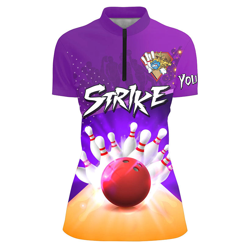 Women's Bowling Quarter-Zip Custom bowling ball and pins strike purple team ladies Bowlers Jerseys NQS5948