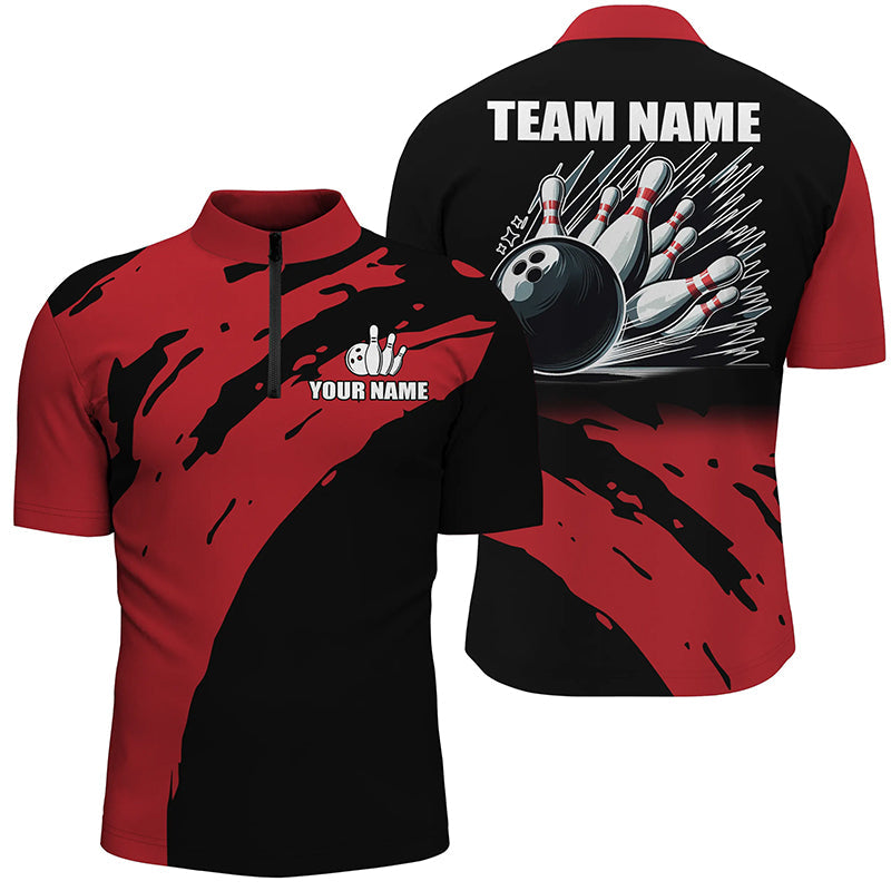 Red and black Mens bowling Quarter Zip shirts Custom Team bowling jerseys, gift for team bowlers NQS7289