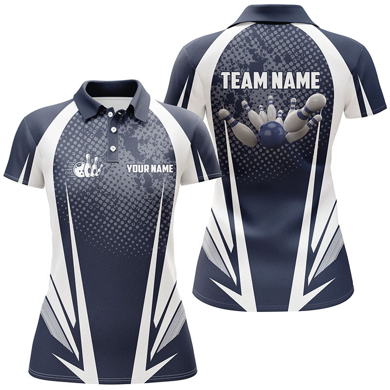 Women's Bowling polo Shirt Custom bowling ball and pins navy and white team ladies Bowlers Jerseys NQS5964