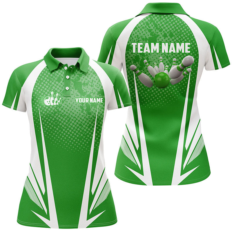 Women's Bowling polo Shirt Custom bowling ball and pins green and white team ladies Bowlers Jerseys NQS5965