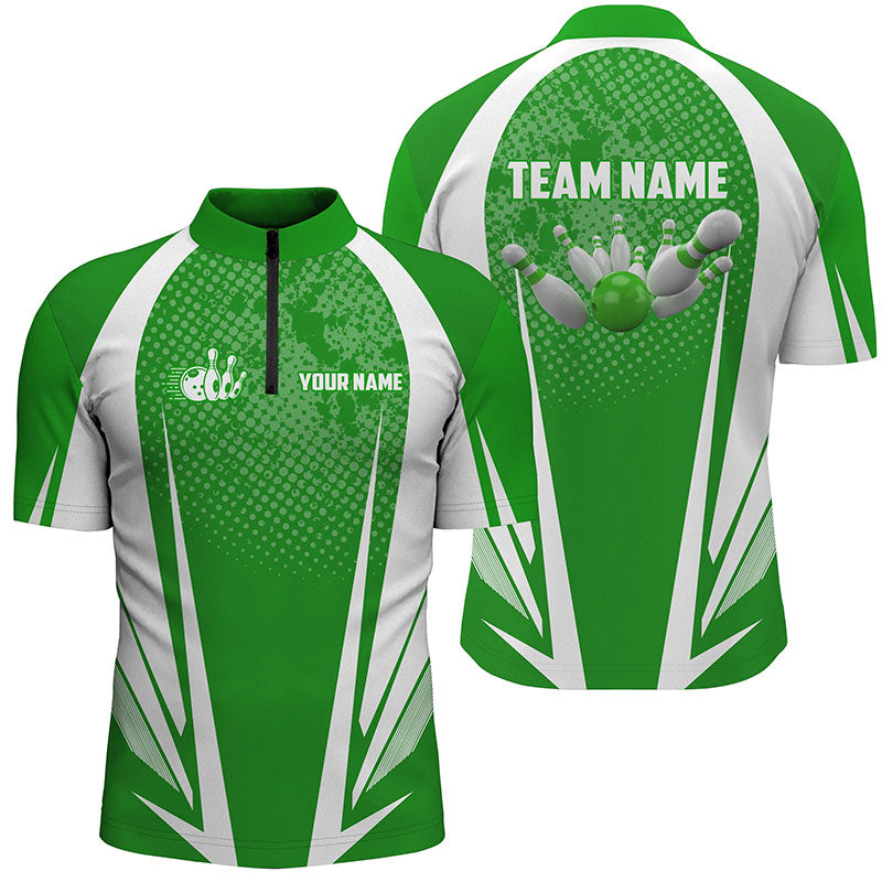 Men's Bowling Quarter-Zip Shirt Custom bowling ball and pins green and white team Men Bowlers Jerseys NQS5965