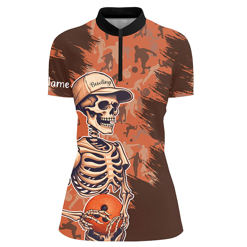 Women's Skull orange camo Bowling Shirt Quarter-Zip Custom Name Women Bowlers Jersey NQS5796