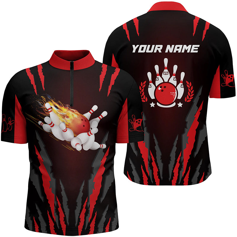 Personalisiertes Herren-Bowlinghemd individuell Bowlingball mit Flammen und Kegeln, Team-Bowlingtrikots | Rot NQS4397