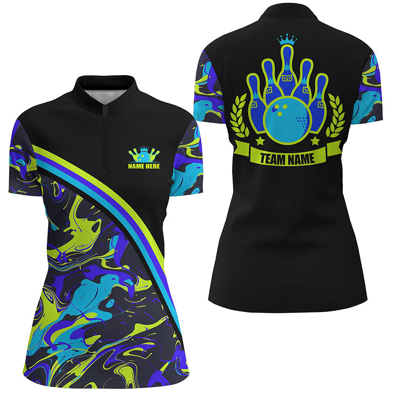 Womens Quarter Zip shirts Custom green and blue bowling camo pattern black Team league Jerseys NQS7333