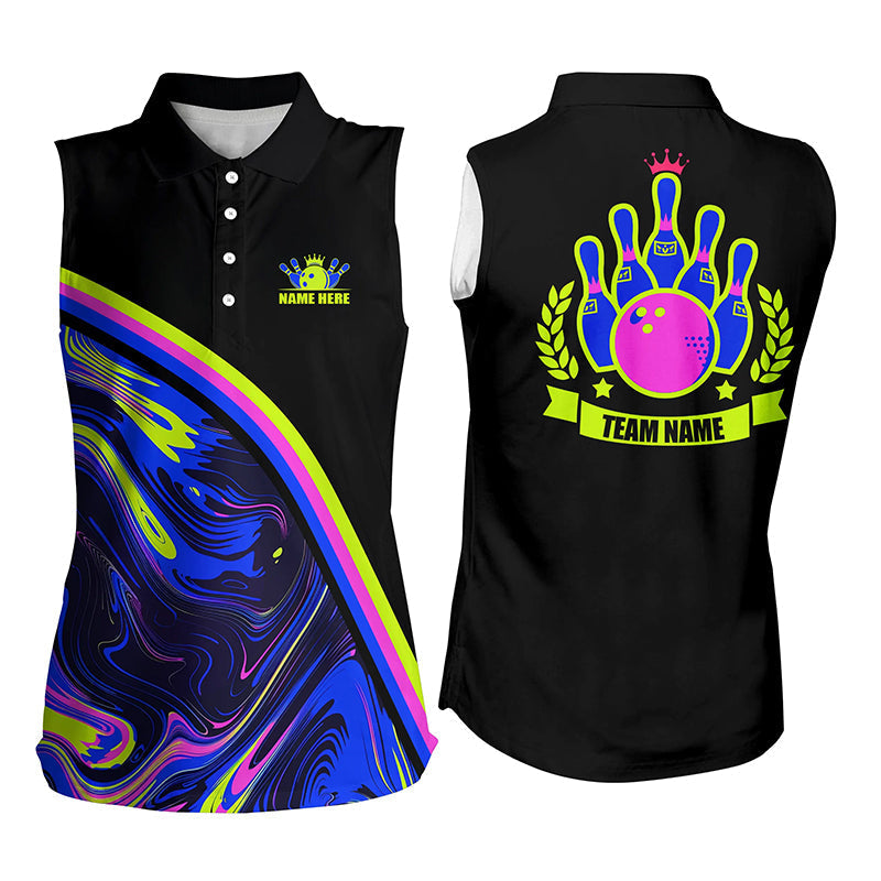 Women sleeveless polo shirts Custom green and purple bowling camo pattern black Team league Jerseys NQS7334