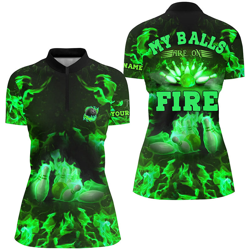 Green Flame bowling shirt custom my balls are on fire bowling Quarter Zip shirts for women jersey NQS6458
