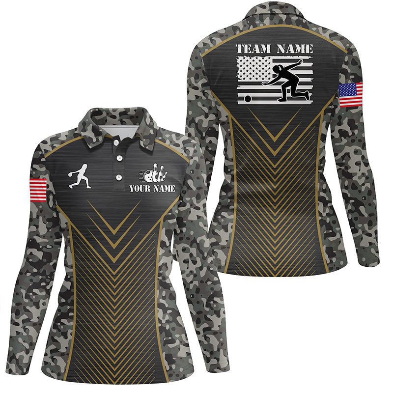 Womens Bowling Polo Shirts Custom green camo American flag team League Womens Jerseys NQS6702