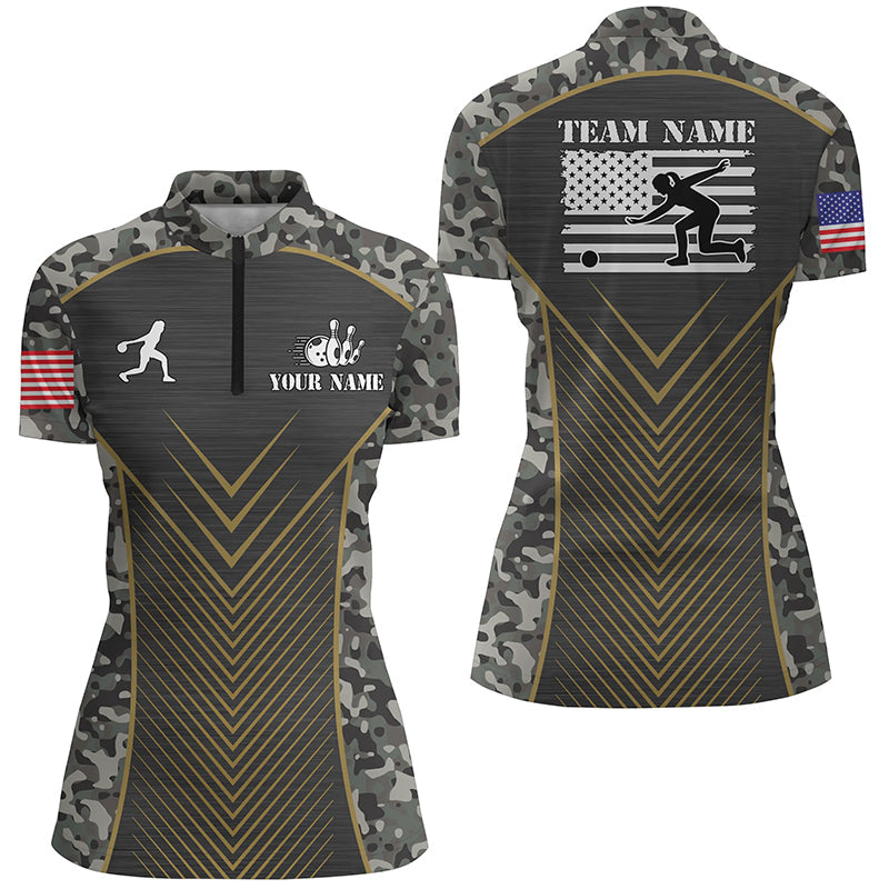 Womens Bowling Quarter-Zip Shirts Custom green camo American flag team Ladies Jerseys NQS6702