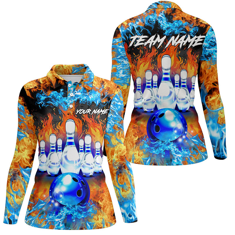 Flame bowling ball and pins Bowling Polo Shirts For Women Custom blue fire bowling Team League Jerseys NQS6738