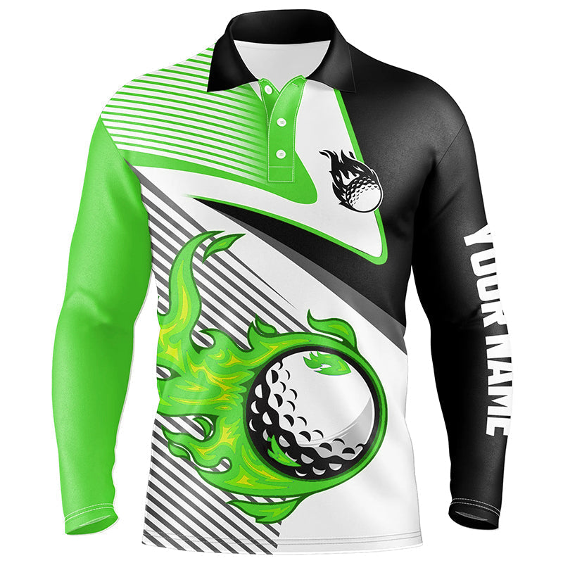 Mens golf polo shirts custom flame golf ball fire golf apparel for men, unique golf gifts | Green NQS7984