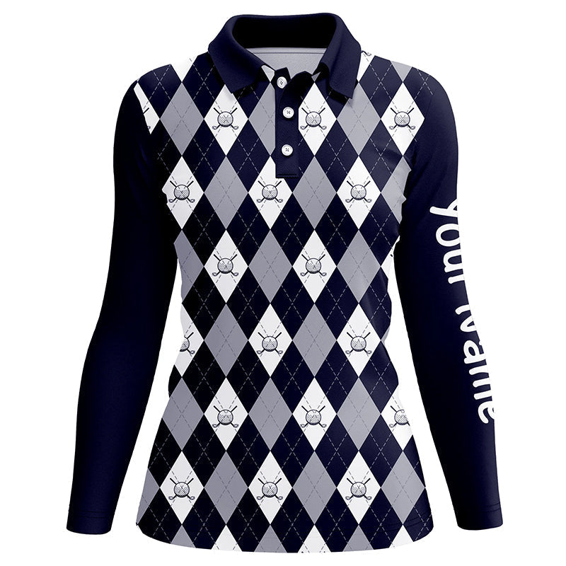 Navy blue argyle plaid pattern Womens golf polos shirts custom golf shirts for women, ladies golf polo NQS7423
