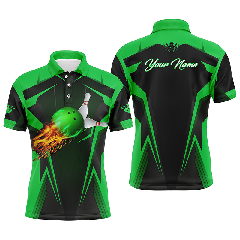 Personalisiertes Herren-Bowling-Poloshirt mit flammendem Bowlingball, Bowling-Polo für Bowler | Grün NQS4503