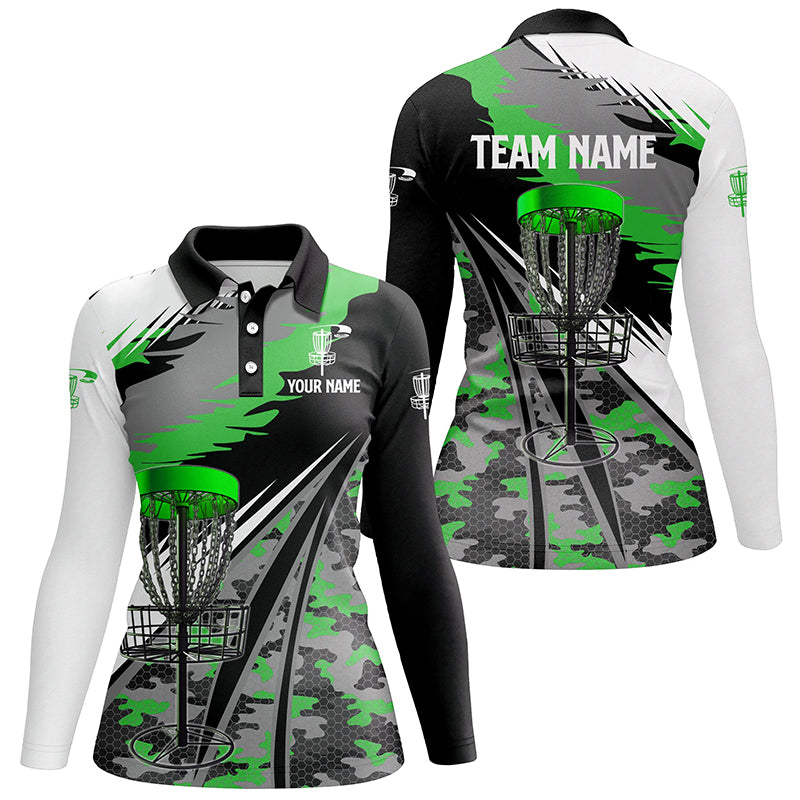 Women disc golf polo shirts custom green camo disc golf basket team disc golf outfit NQS7003