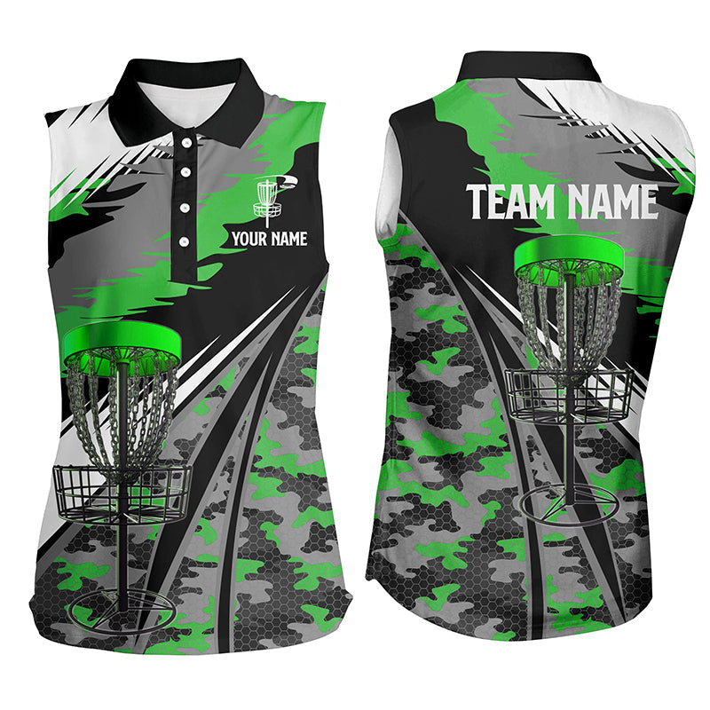 Women disc golf sleeveless polo shirts custom green camo disc golf basket team disc golf outfit NQS7003
