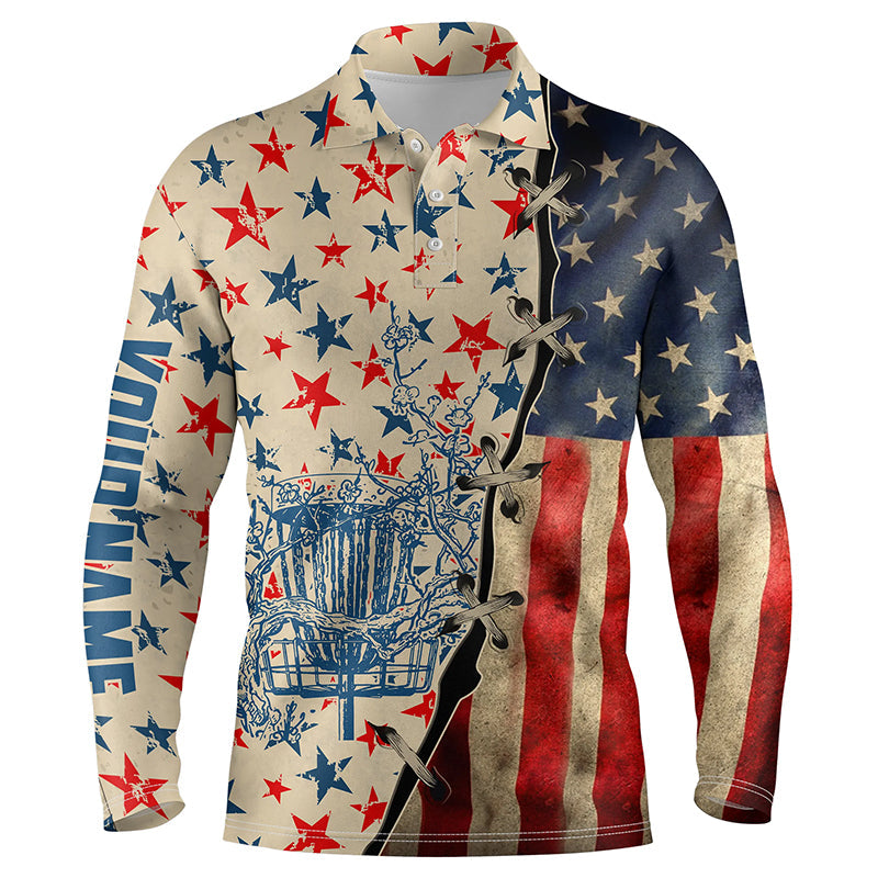 Vintage American flag disc golf basket Mens disc golf polo shirt, personalized disc golf shirts NQS5678