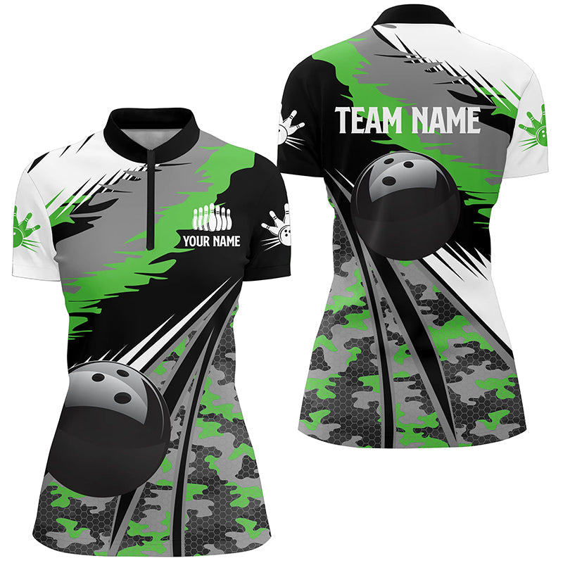 Womens bowling Quarter Zip shirts Custom black ball green camo Bowling Team Jersey, gift for Bowlers NQS5422