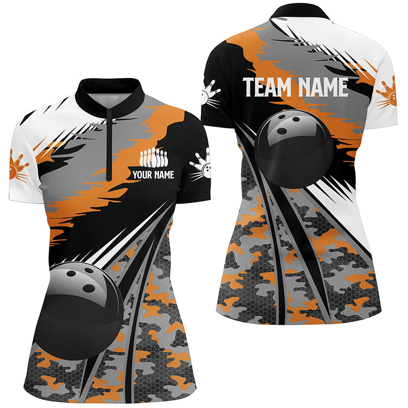 Womens bowling Quarter Zip shirts Custom black ball orange camo Bowling Team Jersey, gift for Bowlers NQS5423