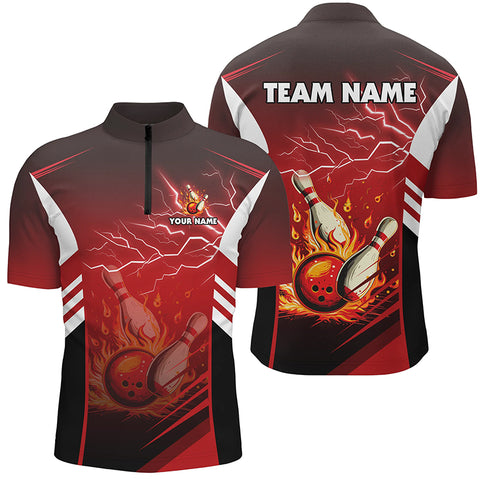 Flame bowling ball and pins lightning custom Men Bowling Quarter Zip Shirt, team bowling jerseys | Red NQS7445