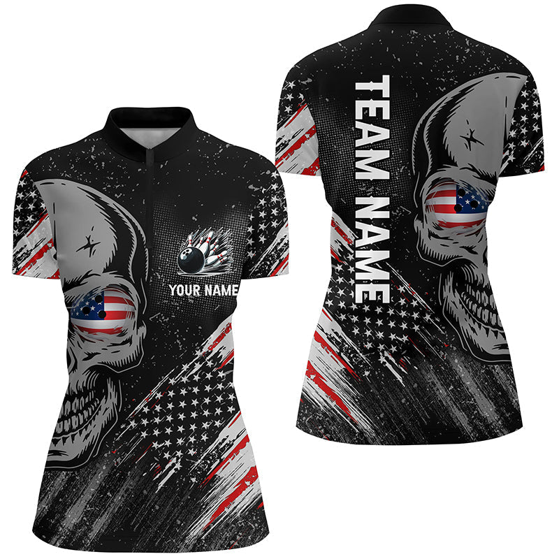 Black American flag retro bowling league jerseys custom skull Women Bowling Quarter Zip Shirts NQS7158