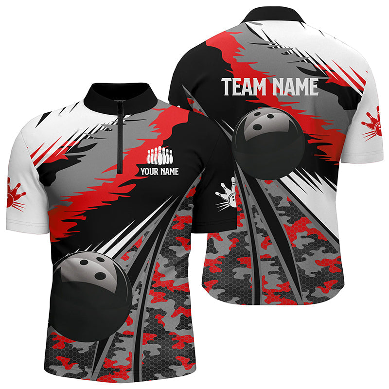 Men's bowling Quarter Zip shirts Custom black ball red camo Bowling Team Jersey, gift for Bowlers NQS6571