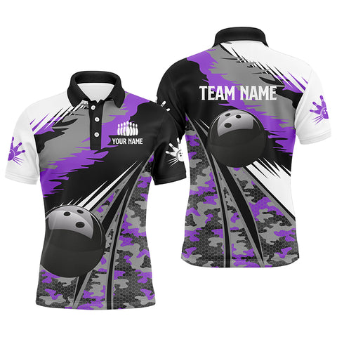 Mens polo bowling shirts Custom black ball purple camo Bowling Team Jersey, gift for Bowlers NQS6572